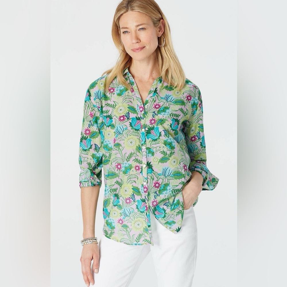 J.Jill Jasmine Whimsical Blooms Floral Cotton Silk Button Down Blouse